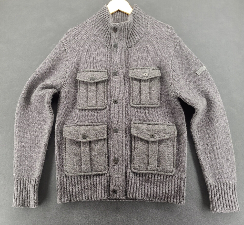 Schott NYC Military Knit Sweater Jacket Mens Medium Wool Blend Full Zip Cardigan